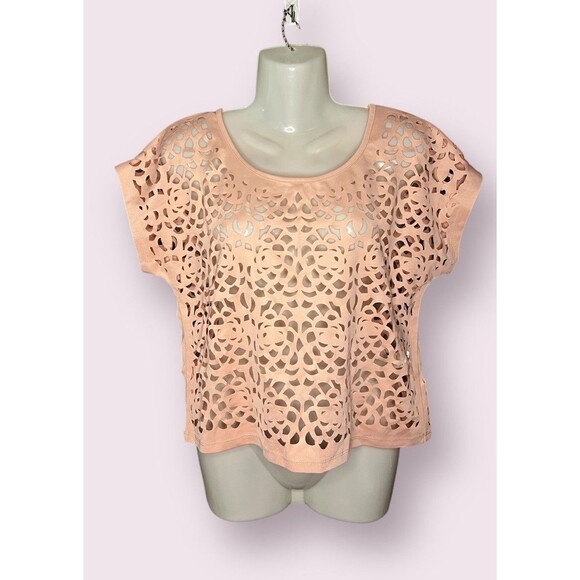 Dotti Women's Size XS Pink Laser Cut Geometric Eyelet Pullover Crop Top - Picture 1 of 5